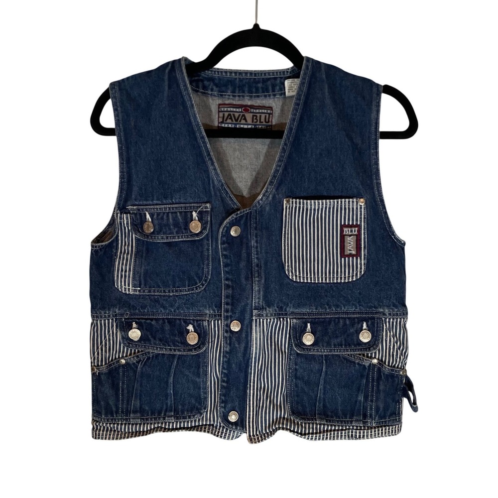 VTG  Denim Utility Vest Hickory Stripe Multi Pocket Blue 12 90s Grunge Gorpcore
